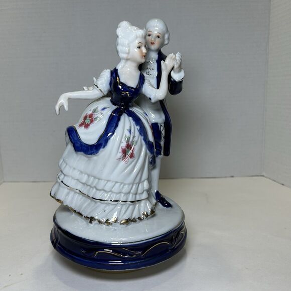 Vintage Victorian/Colonial Dancing Man & Lady Music Box Blue/White - Picture 2 of 6